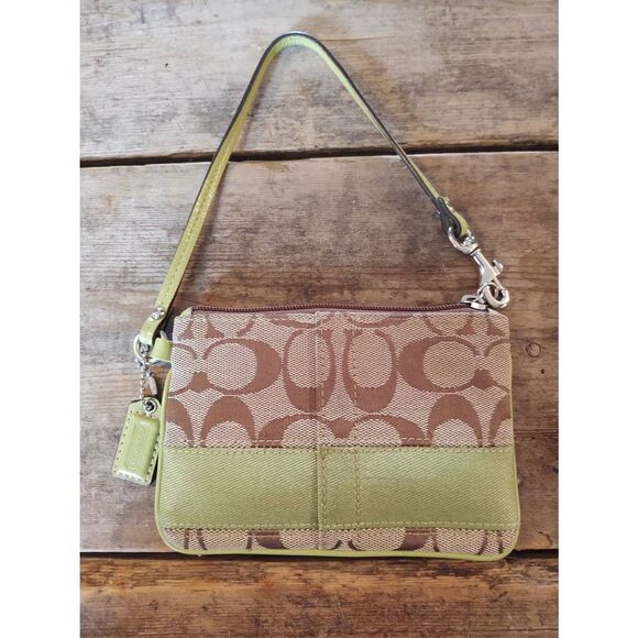 Coach Handbags - Coach Brown Monogram Canvas Lime Green Stripe Wristlet Coin Pouch Card Holder